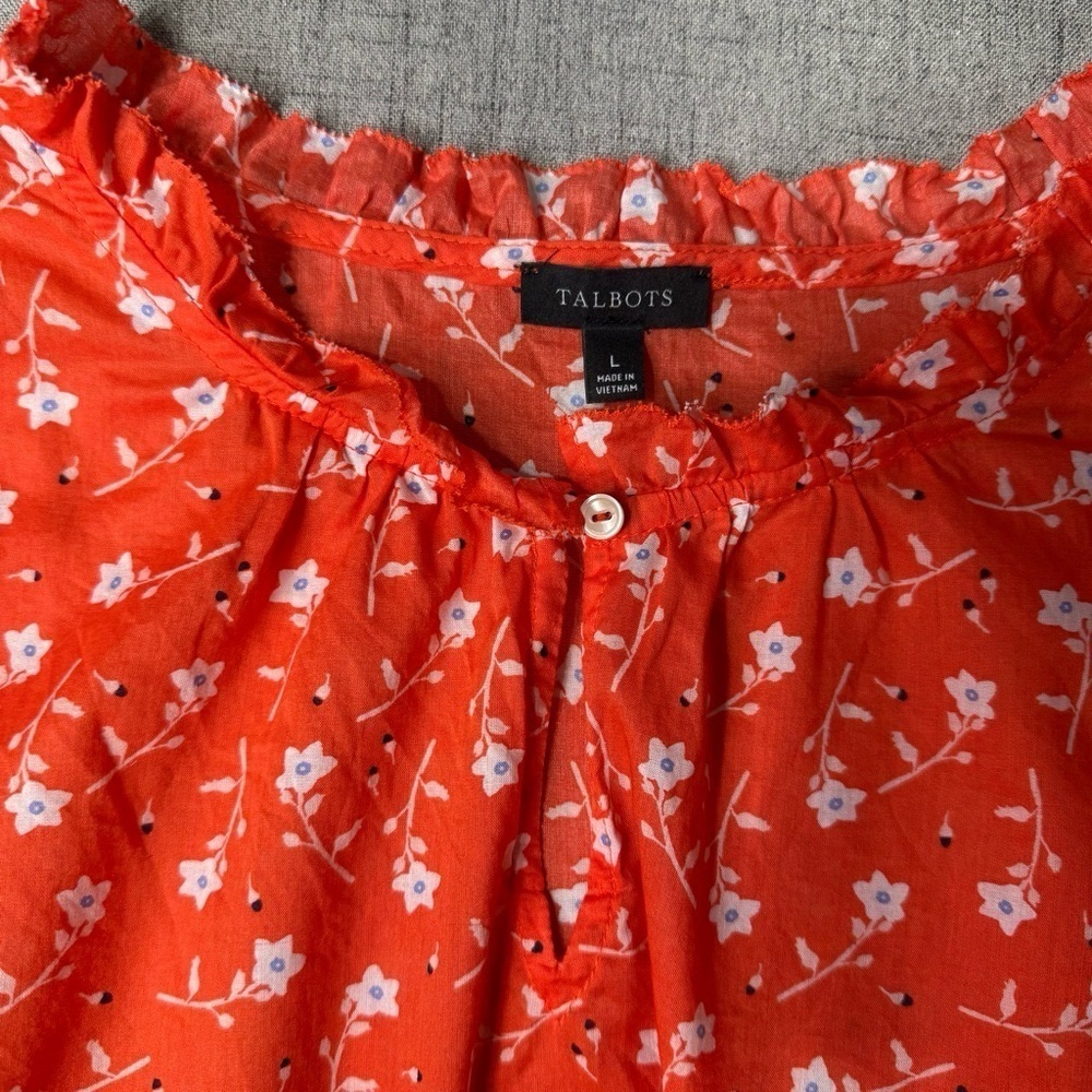 Talbots Ruffle Popover Blouse Scattered Blossoms Orange with White Flowers Large - Picture 9 of 10